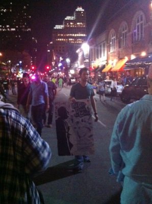 Matt O'Leary (Curt - Marcus) doing some guerilla marketing outside the theater...